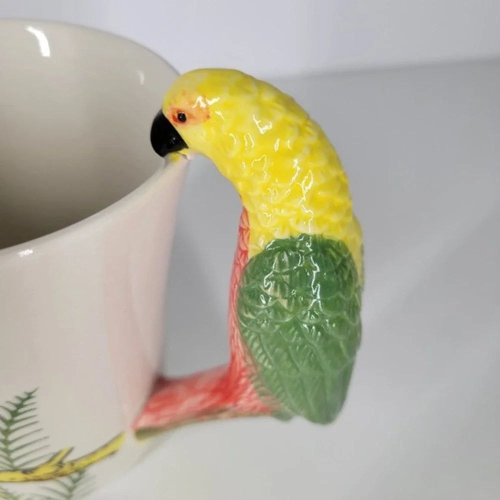 Pier 1 Imports Parrot Handle Mug Handpainted Stoneware Tropical Bird Coffee Cup